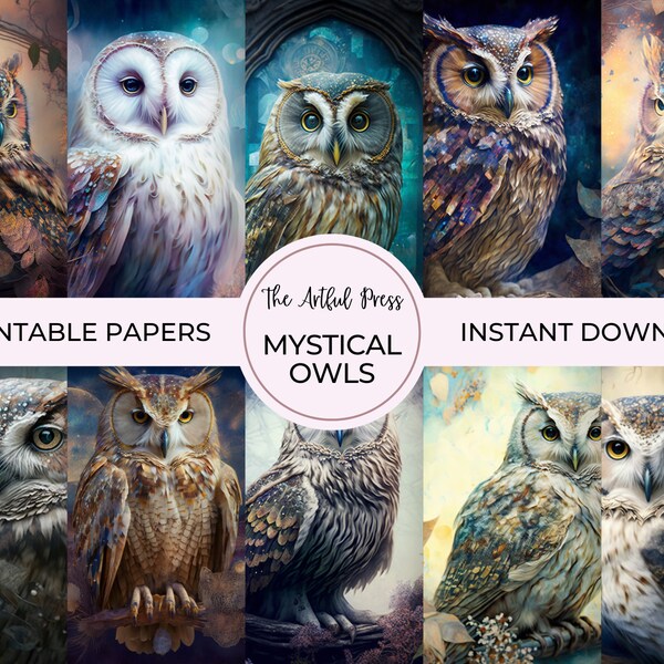 Mystical Owls Digital Paper, Beautiful Ethereal Owl Backgrounds, Commercial Use Graphics