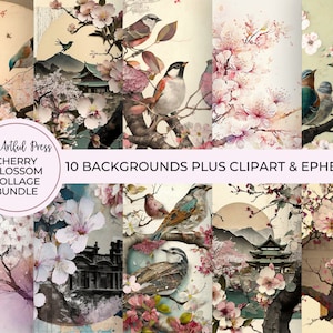 Cherry Blossom Digital Paper Set, Birds And Blossoms Junk Journal Set, Cherry Blossom Clipart, Commercial Use