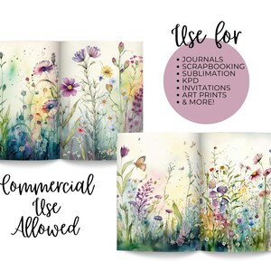 Op de afbeelding: Een open boek met aquarel illustraties van een veld vol wilde bloemen. Het boek heeft de tekst "Commercial Use Allowed" en "Use for: Journals, Scrapbooking, Sublimation, KPD, Invitations, Art Prints, & More!" gedrukt op de pagina's.