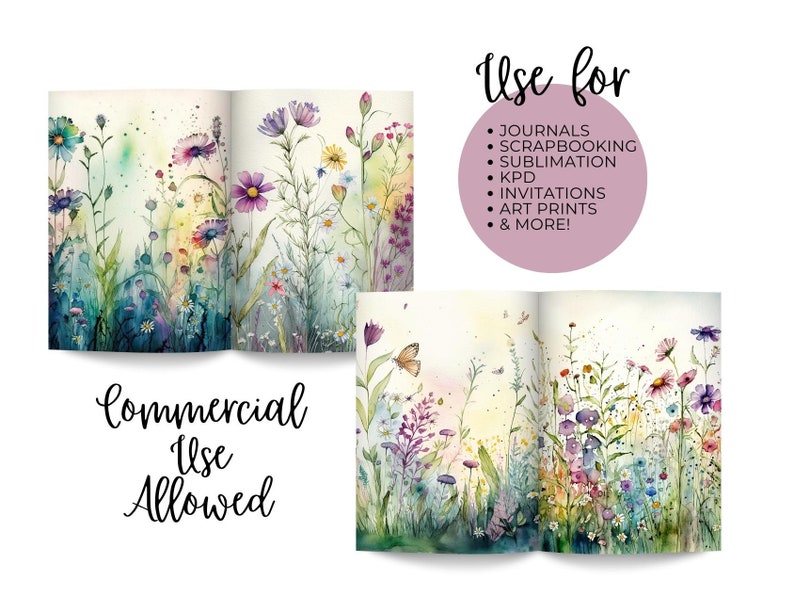 Op de afbeelding: Een open boek met aquarel illustraties van een veld vol wilde bloemen. Het boek heeft de tekst "Commercial Use Allowed" en "Use for: Journals, Scrapbooking, Sublimation, KPD, Invitations, Art Prints, & More!" gedrukt op de pagina's.