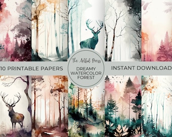 Akwarela Las sosnowy Cyfrowy papier, Eteryczne tła leśne do użytku komercyjnego