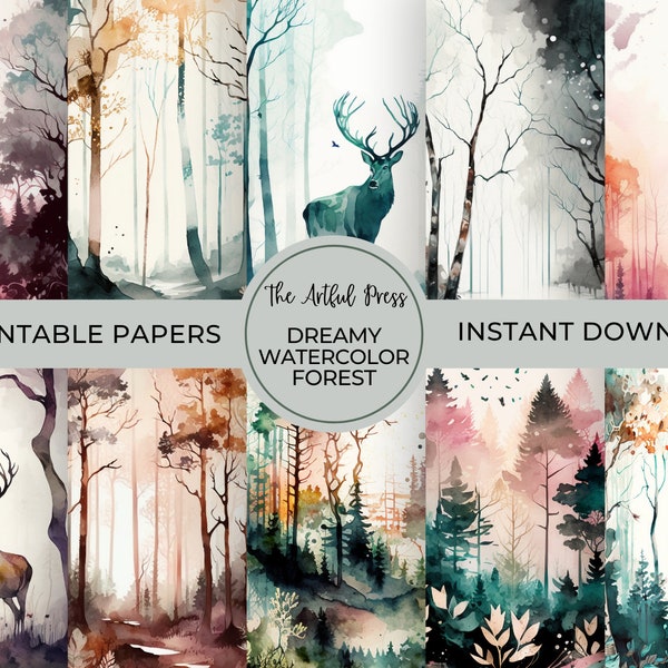 Watercolor Pine Forest Digital Paper, Ethereal Woodland Backgrounds For Commercial Use