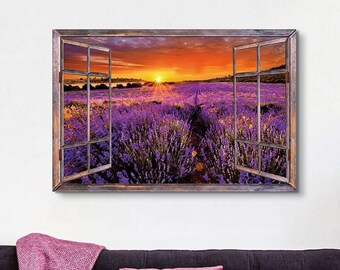 Lavender Wall Art Window View of Sunset Purple Flowers Scenery Picture Wall Decor Nature Landscape Painting Living Room Bedroom Decor