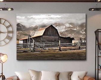 Barn Canvas Wall Art Barn Pictures Wall Decor Grand Teton National Park Poster Prints Mountain Landscape Art Old Barn Scenery Home Decor