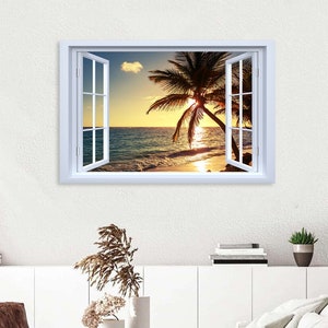 Sunset Ocean Beach Canvas Wall Art Window View Ocean Waves Paintings Coastal Palm Tree Landscape Wall Decor Modern Living Room Home Decor