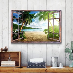 Beach Canvas Wall Art Coastal Landscape Wall Decor Palm Tree Pictures Window Frame Style Tropical Beach Decor Ocean Wall Art
