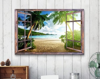 May include: A framed print of a tropical beach scene viewed through an open window. The window is made of wood and has a rustic look. The beach is sandy and has palm trees and turquoise water.