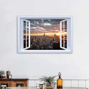New York Skyline Canvas Wall Art Manhattan Cityscape Pictures Window View Sunset City Panoramic Landscape Paintings Living Room Home Decor