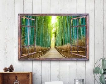 Bamboo Forest Canvas Wall Art Green Tree Landscape Painting Realism Window Frame View of Forest Path Photography Natural Scenery Artwork