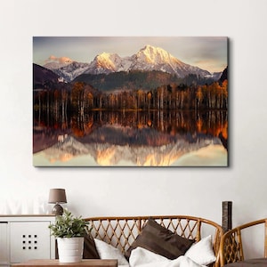 Mountain Lake Canvas Wall Art Fall Scenery Paintings for Living Room, Sunset Forest Landscape Painting Snow Mountain Art Prints Picture