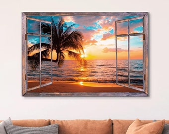 May include: A framed canvas print of a sunset over the ocean with a palm tree in the foreground. The image is framed to look like a window, with the window panes visible.