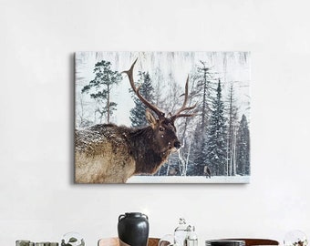 Deer Pictures Wall Decor Winter Nature Landscape Wall Art Country Forest Canvas Print Poster Woodland Animal Painting Wilderness Elk Artwork