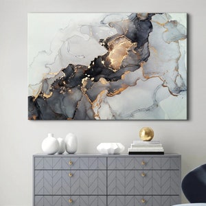 Black and Gold Marble Wall Art Abstract Fluid Gold Marble Wall Decor Modern Grey Silver Luxury Abstract Painting Bedroom Living Room Decor