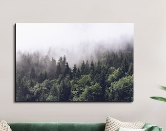 Foggy Forest Canvas Wall Art Cloudy Forests Trees Mountain Landscape Print Picture for Living Room Bedroom Home Decoration Framed Artwork