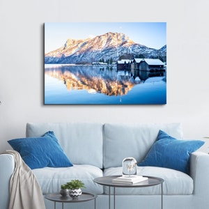 Snowy Mountain Lake View Canvas Wall Art Winter Lake Landscape Picture Mountain Cottage Scenery Painting Nature Nordic Landscape Photography