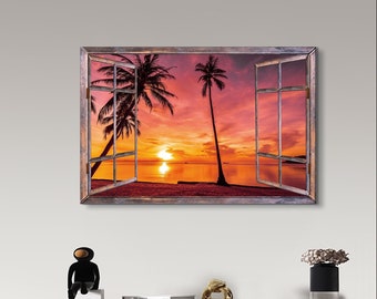 May include: A framed canvas print of a sunset scene viewed through an open window. The window is wooden with a white frame and the sunset is a vibrant orange and pink with palm trees silhouetted against the sky.