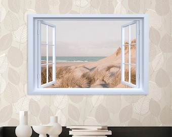 Window View Beach Canvas Wall Art Blue Ocean Coastal Poster White Sand Beach Painting Sunset Pictures Living Room Bedroom Decor