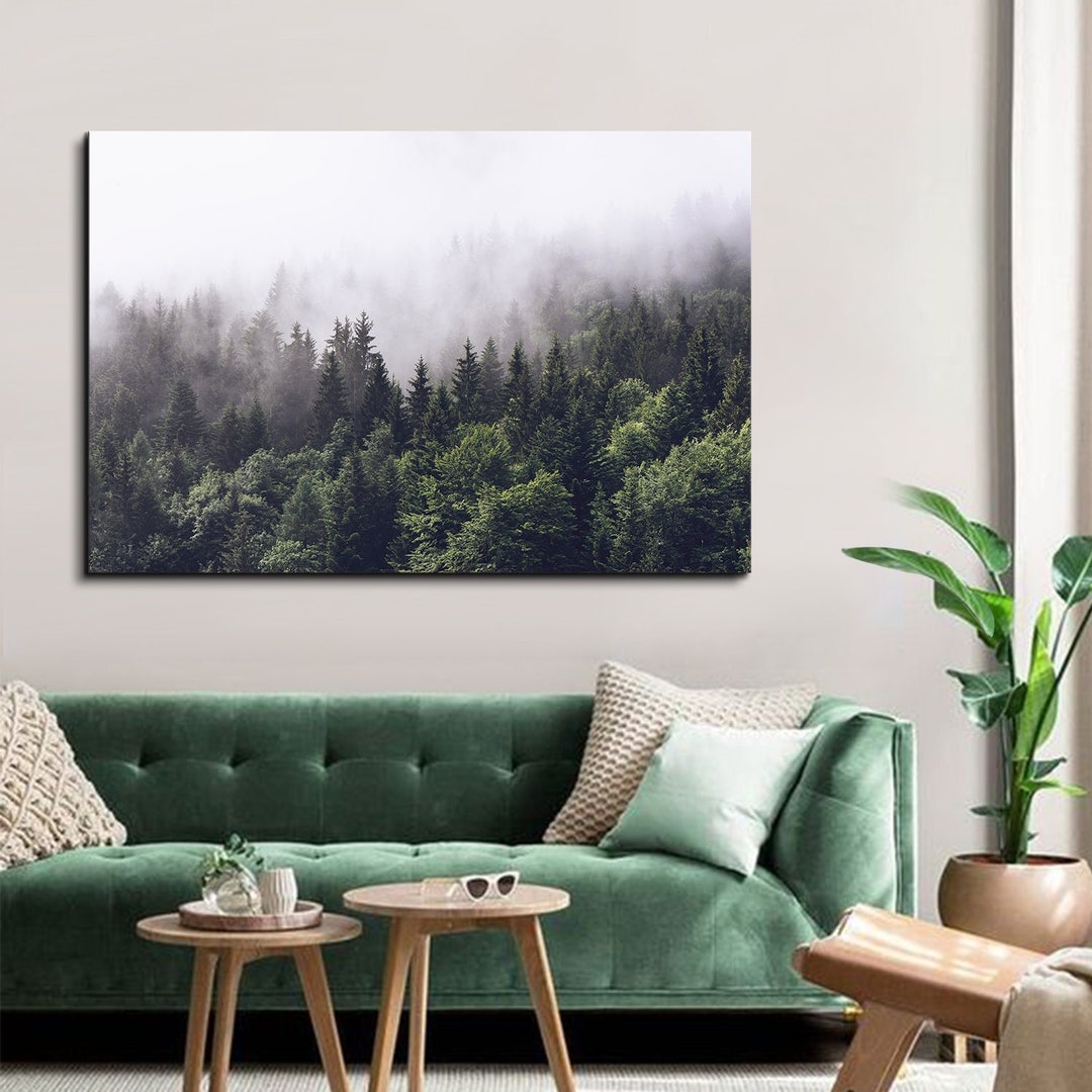 Foggy Forest Canvas Wall Art Cloudy Forests Trees Mountain Landscape Print Picture for Living