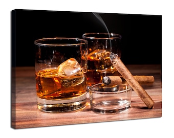 Whiskey Glasses Wall Art with Smoking Cigar Pictures Alcohol Drink Poster Bourbon Whiskey Canvas Prints for Bar Pub Man Cave Kitchen Decor