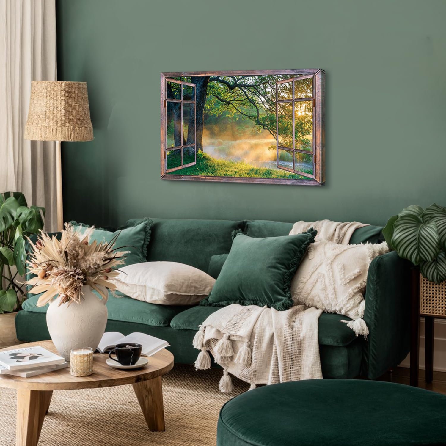 Sunset Forest Wall Art Green Nature Canvas Wall Decor Window View of ...
