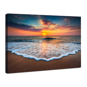 Sunset Beach Canvas Wall Art Ocean Waves Landscape Wall Decor Hawaii Coastal Beach Sunset Pictures Living Room Bedroom Decor