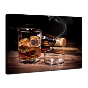 Whiskey Canvas Wall Art Cigar Pictures Wall Decor Alcohol Drink Poster Glass of Whiskey Decor Liquor Art Bar Man Cave Kitchen Home Decor