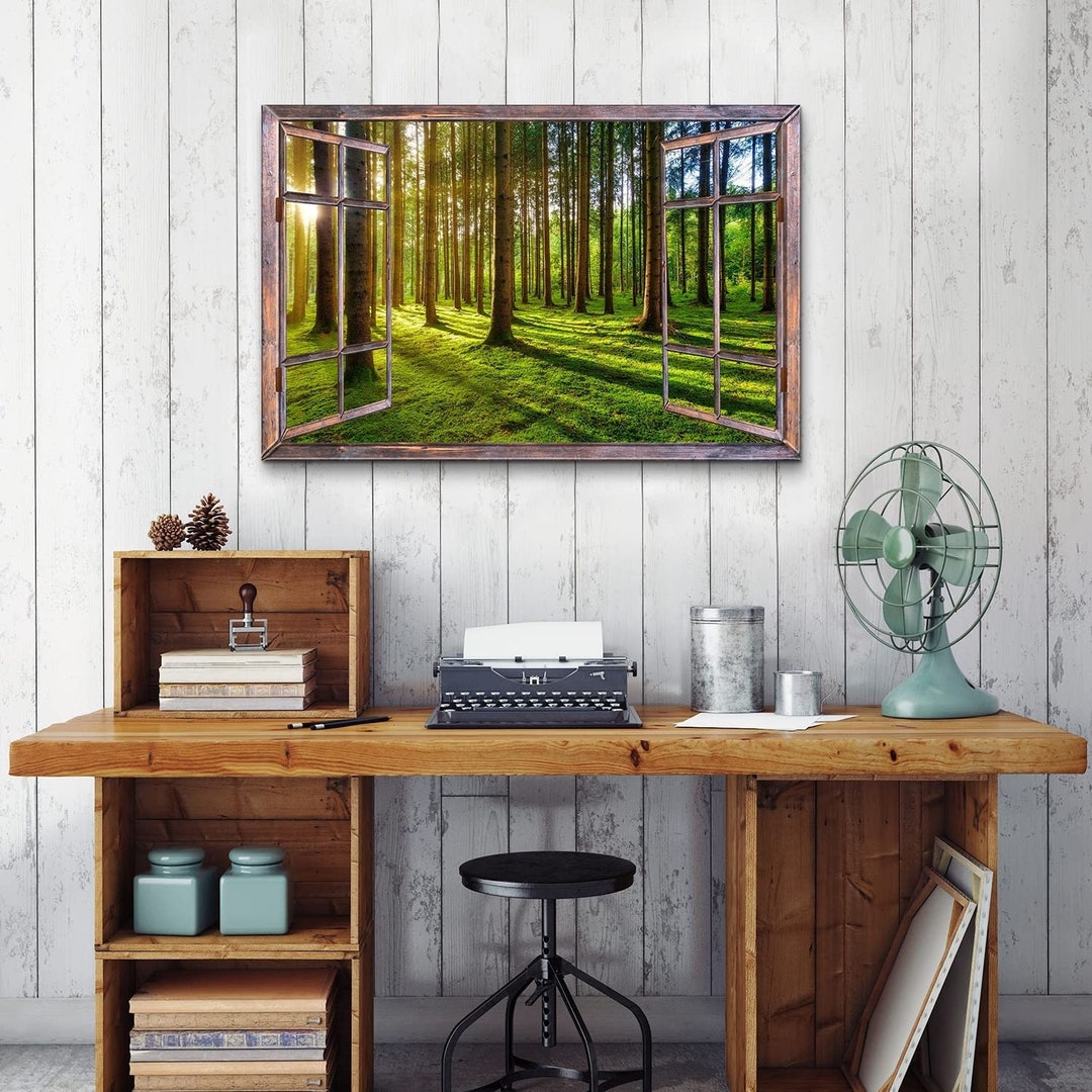Nature Forest Canvas Wall Art, Window View of Spring Morning Sunshine