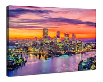 Pittsburgh Skyline Wall Art, Sunset Pittsburgh Poster Pennsylvania Cityscape Wall Decor Pittsburgh Painting Modern Living Room Decor