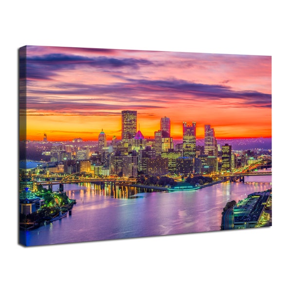 Pittsburgh Skyline Wall Art, Sunset Pittsburgh Poster Pennsylvania Cityscape Wall Decor Pittsburgh Painting Modern Living Room Decor