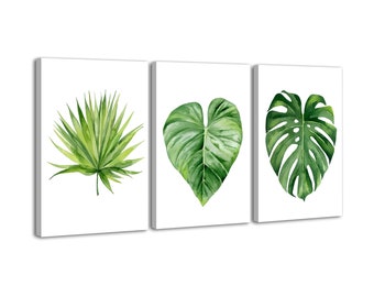 Tropical Green Leaves Canvas Wall Art 3Pcs Botanical Decor Tropical Plant Prints Pictures Green Leaf Poster for Bedroom Living Room Artwork