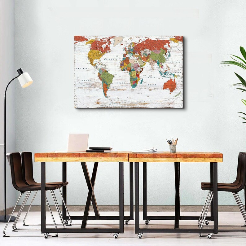 Large World Map Wall Art Office Living Room Decor Vintage Maps of the ...