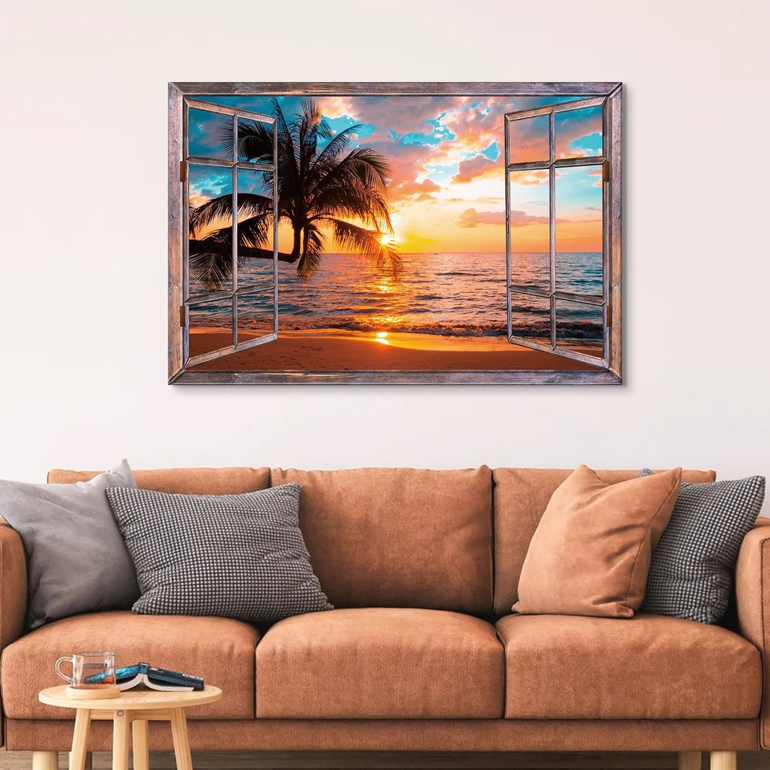 Sunset Beach Canvas Wall Art Faux Open Window View Ocean Coastal Palm ...