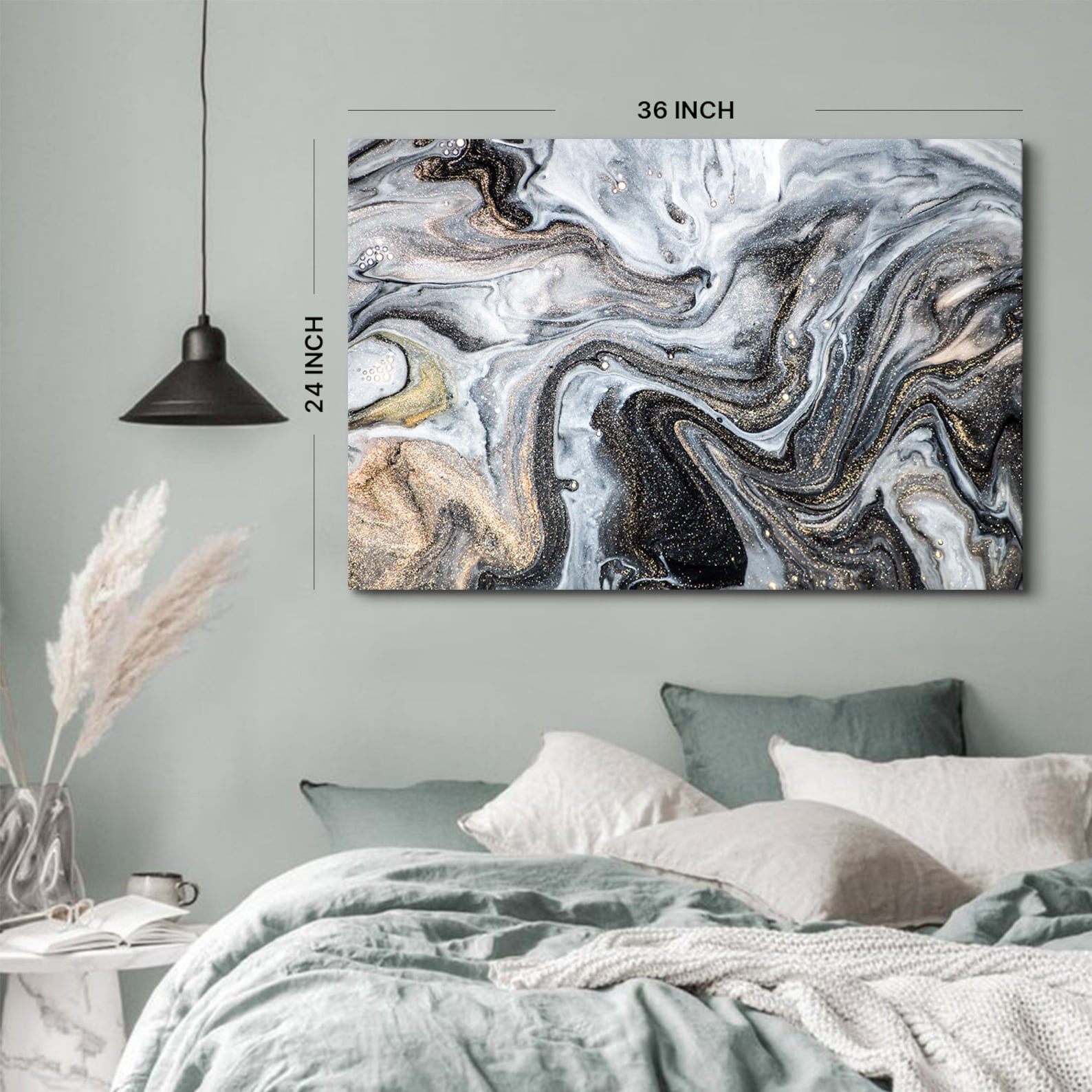 Abstract Black Gold Marble Wall Art Large Watercolor Grey Fluid Canvas