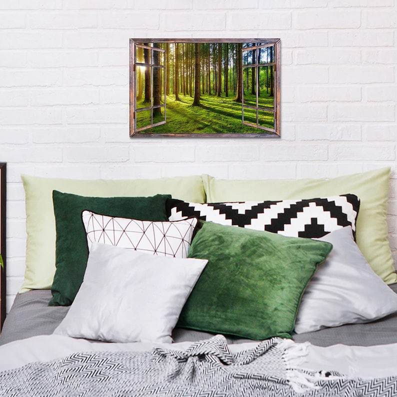 Nature Forest Canvas Wall Art, Window View of Spring Morning Sunshine