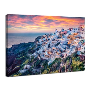 Santorini Canvas Wall Art Oia Town Sunset Landscape Wall Decor Mediterranean Greece Seascape Prints Pictures Modern Artwork Home Decoration