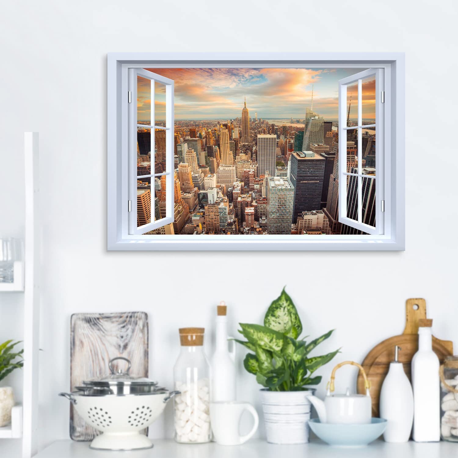 New York Skyline Brooklyn Bridge Framed Canvas Wall Art - 4 Panel Split Picture