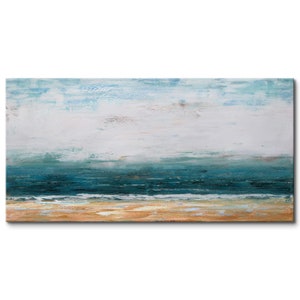 Beach Wall Art Blue Ocean Painting on Canvas with Hand-Painted Texture,Teal Blue Ocean Seascape Wall Art Oil Painting for Living Room Decor