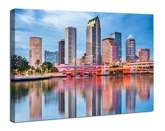 Tampa City Skyline Canvas Wall Art, Tampa Florida City Reflection Pictures Tampa Cityscape Photo Poster Modern Living Room Office Decor