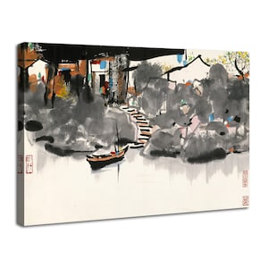 Wu Guanzhong Chinese Traditional Ink Painting Style Canvas Prints Painting, Lakeside Gazebo and Boat, Chinese Landscape Painting Artwork