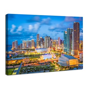 Miami Skyline Canvas Wall Art Night City Panoramic Landscape Poster South Florida Cityscape Print Pictures Modern Living Room Decor