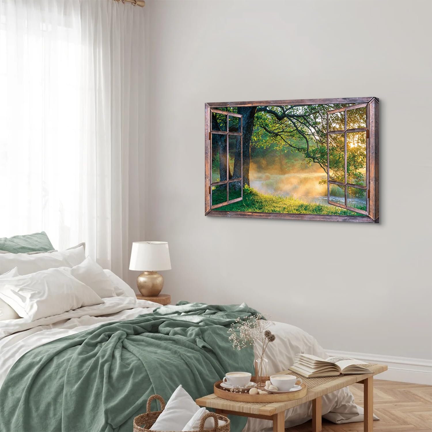 Sunset Forest Wall Art Green Nature Canvas Wall Decor Window View of ...