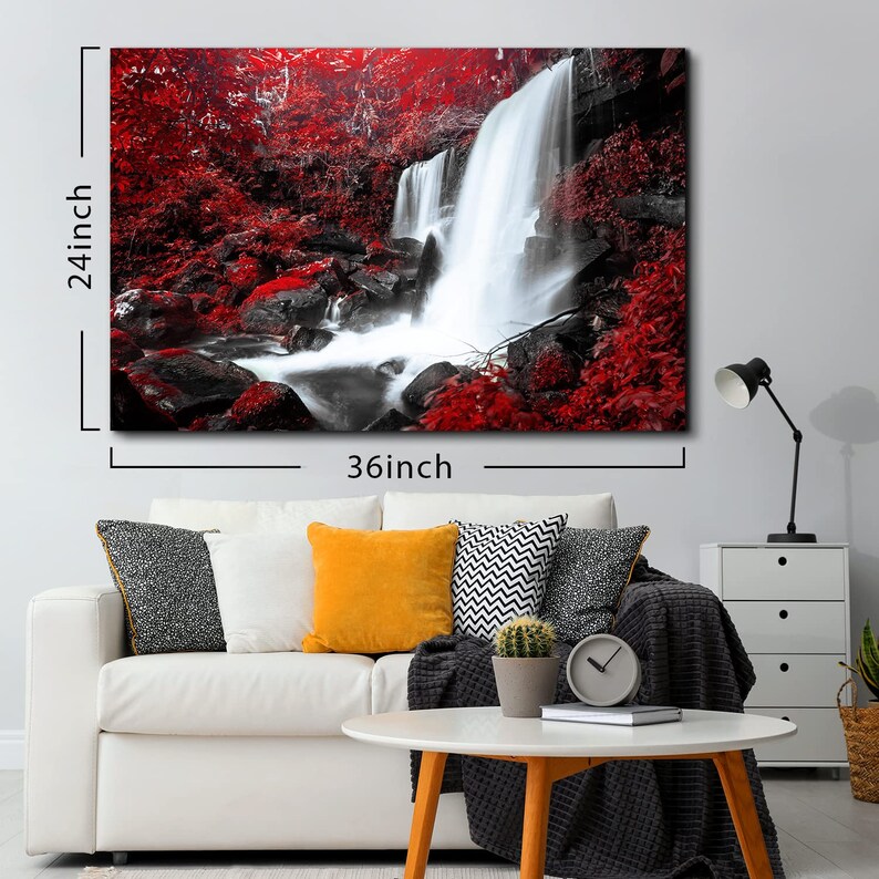Nature Forest Canvas Wall Art Waterfall Landscape Pictures Red Tree ...