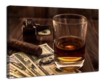 Whiskey Canvas Wall Art with Cigar Pictures Alcohol Drink Print Poster Glass of Whiskey Wall Decor for Bar Pub Man Cave Kitchen Home Decor