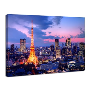 Japan City Skyline Canvas Wall Art Tokyo Tower Panoramic Landscape Wall Decor Tokyo Night Cityscape Print Pictures Home Office Decoration