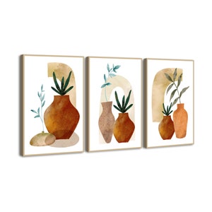 Lienzo bohemio de 3 piezas para pared, impresiones de hojas de plantas, cuadros abstractos de terracota, póster de jarrón, obra de arte neutra de mediados de siglo, decoración de pared bohemia