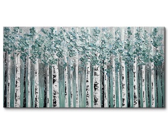 Hand Painted White Birch Tree Oil Painting on Canvas Original Textured Birch Tree Wall Art Abstract Birch Forest Painting Living Room Decor