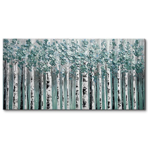 Hand Painted White Birch Tree Oil Painting on Canvas Original Textured Birch Tree Wall Art Abstract Birch Forest Painting Living Room Decor