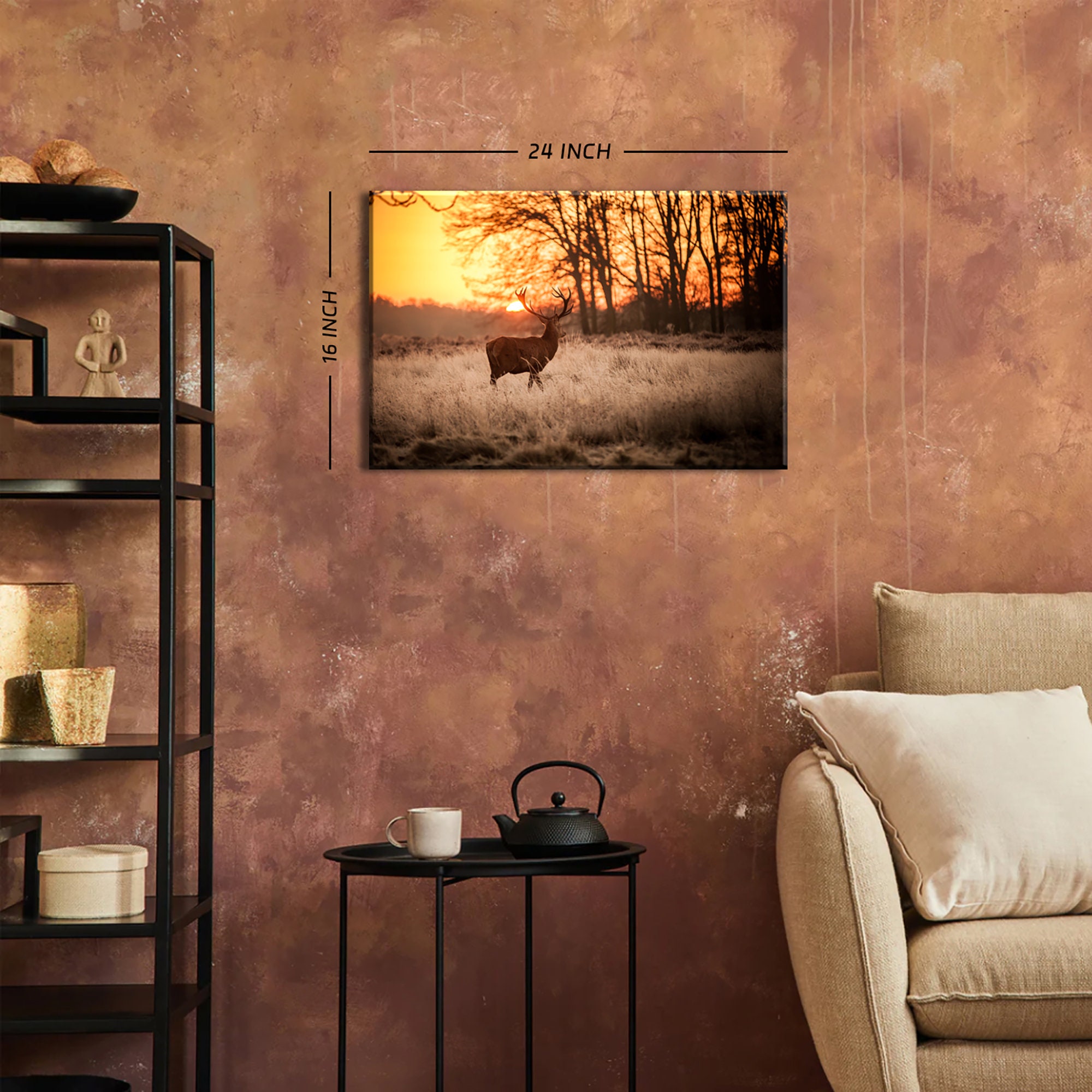 Canvas Print Wall Art - Landscape Deer In Sunset Woods - Stretched & Framed, Orange/Abstract Style, Giclee Print