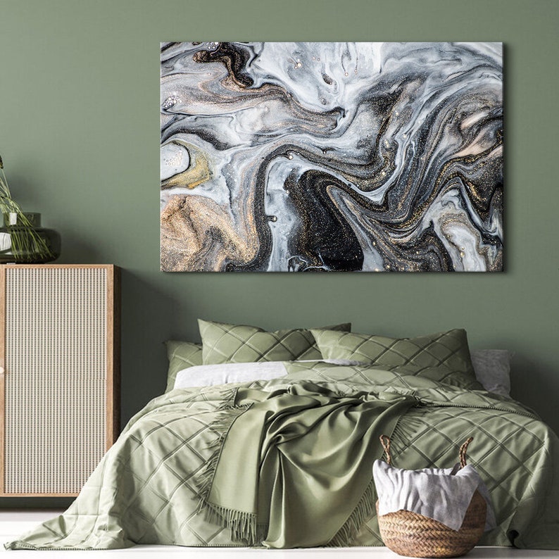 Abstract Black Gold Marble Wall Art Large Watercolor Grey Fluid Canvas