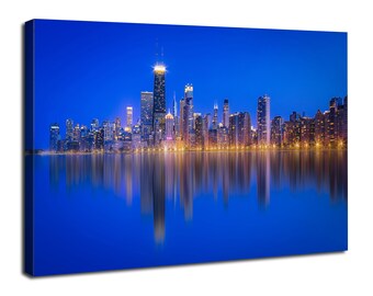 Chicago City Skyline Wall Art, Illinois Cityscape Wall Decor, Chicago Reflection Landscape Canvas Poster Modern Night City Panoramic Decor